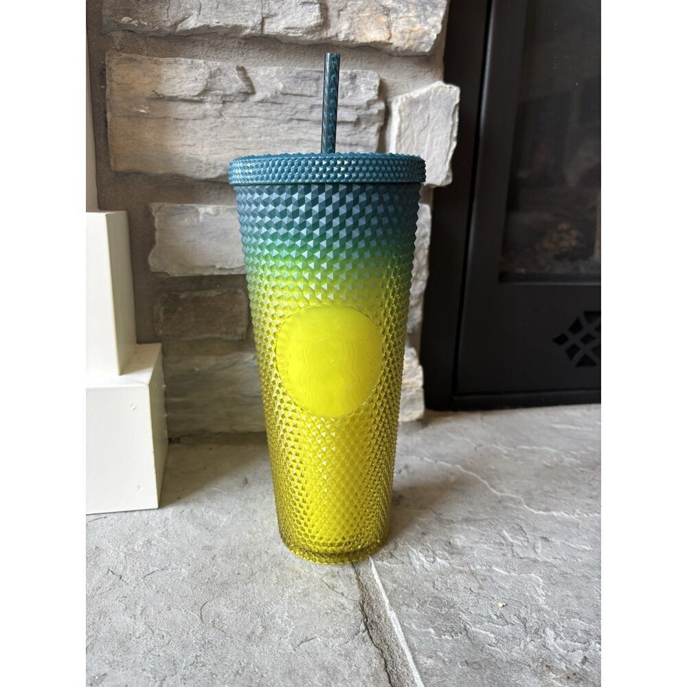 Fall 2023 Starbucks Studded Lemon Teal Gradient Cold Cup Tumbler 24oz Venti - Picture 1 of 7